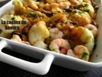   Coliflor con setas y gambas a la crema de queso Cabrales