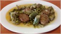   ALBÒNDIGAS  CON  ALCACHOFAS  Y  GUISANTES